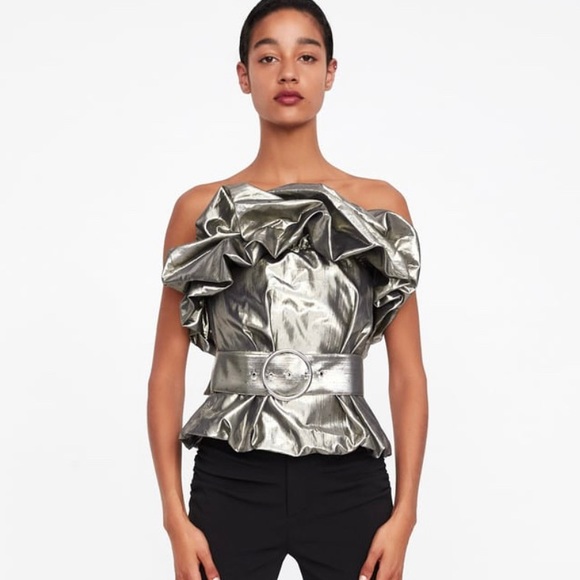 Zara Tops | Silver Flowy Belted Top 